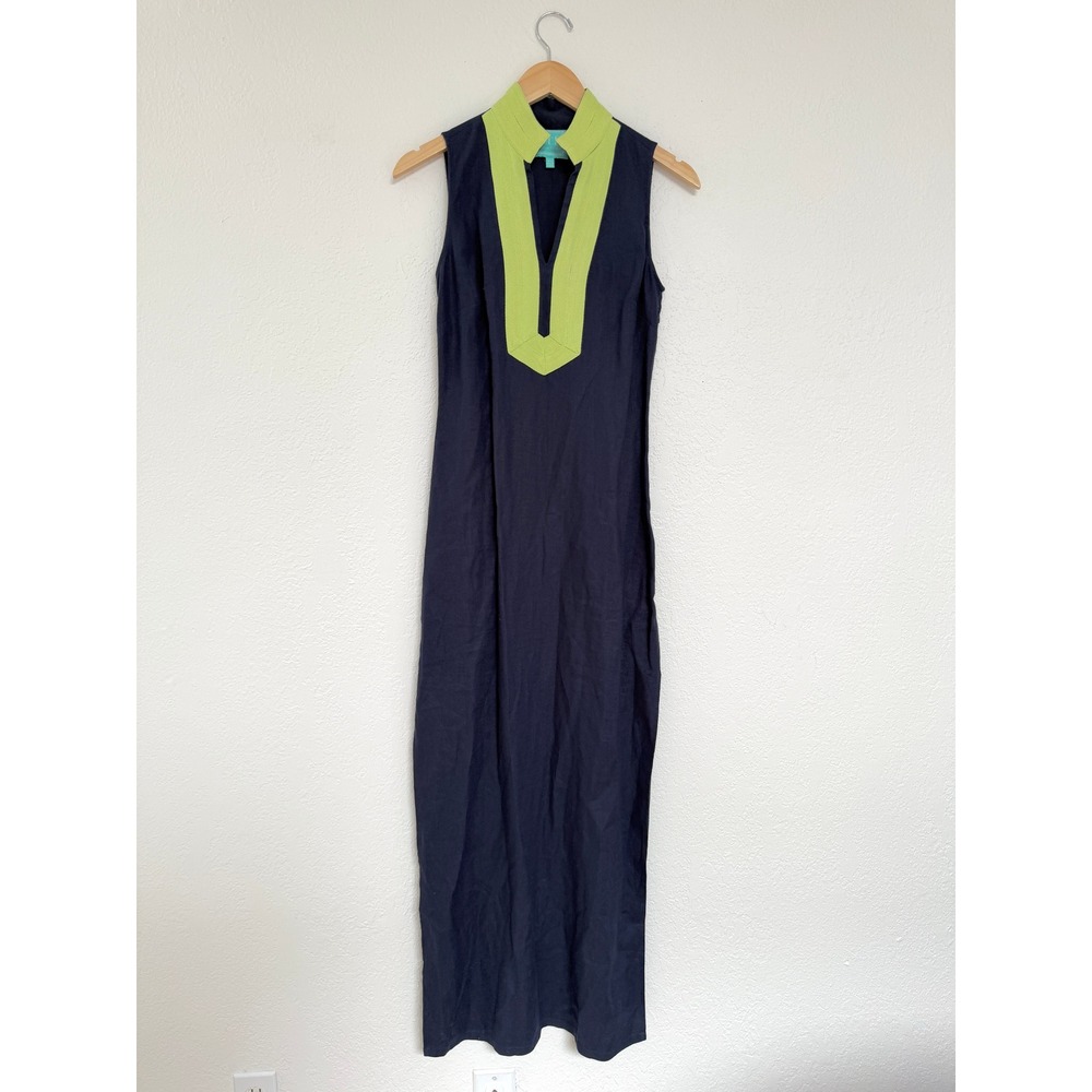 SAIL TO SABLE navy lime trim linen sleeveless maxi dress resort preppy / size XS